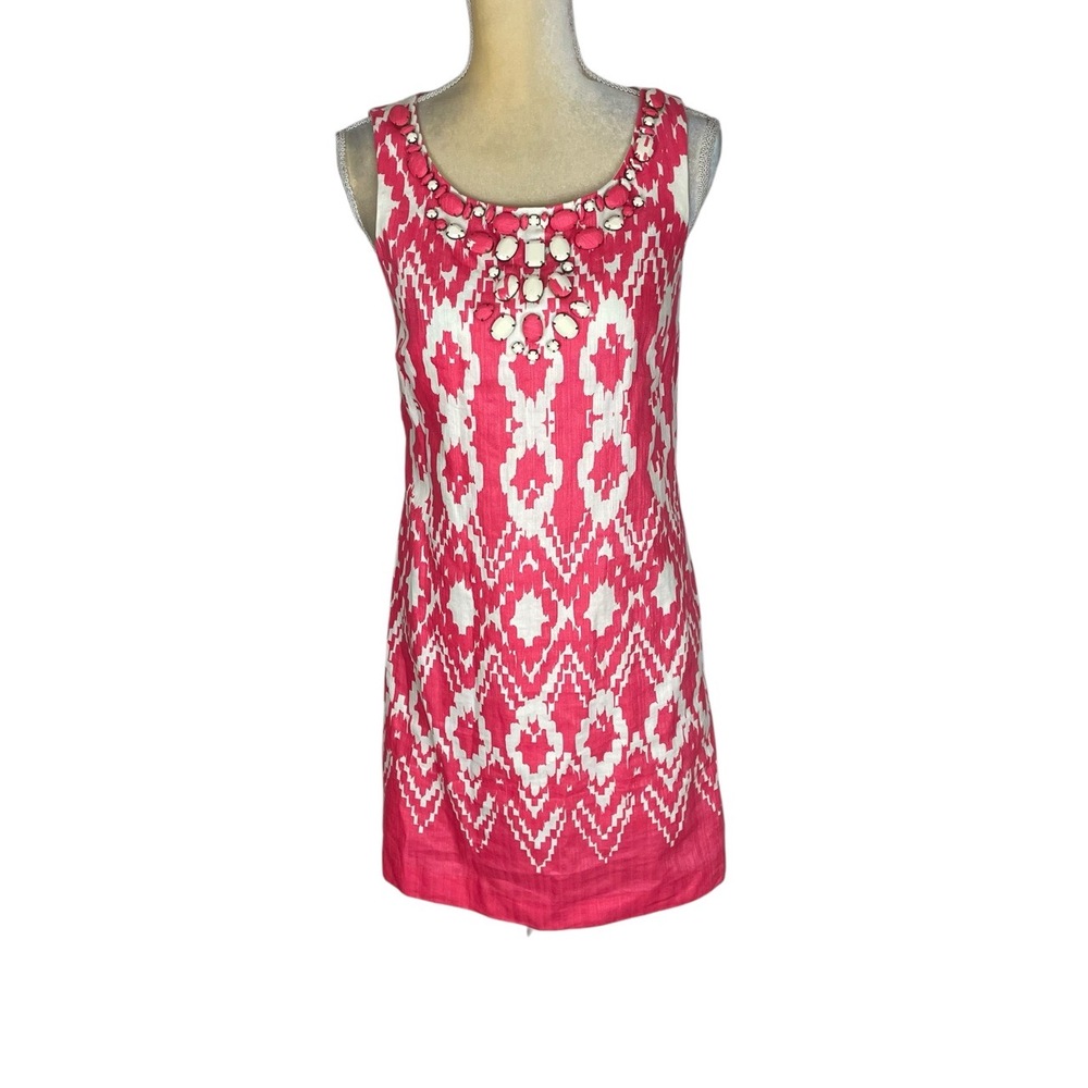 Eliza‎ J Pink Ikat Sleeveless Round Neck Shift Dress Pink White Size 6